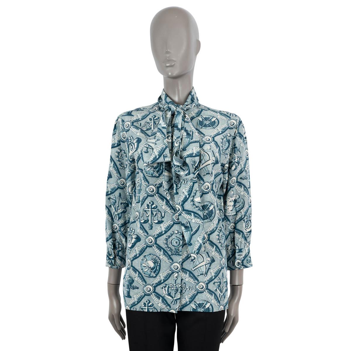 Gray GUCCI petrol blue silk 2016 PRINTED PUSSY BOW Blouse Shirt 40 S For Sale