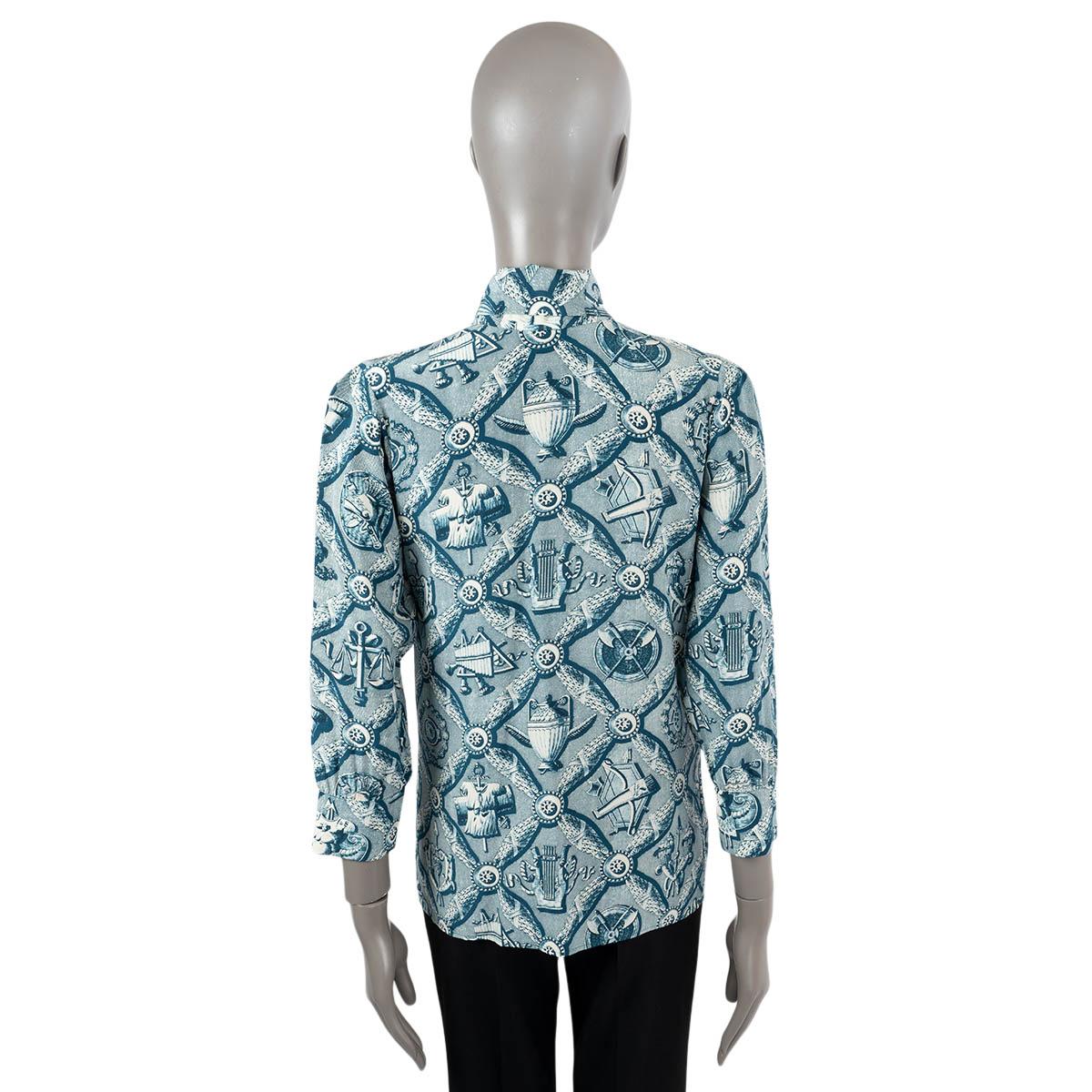 Women's GUCCI petrol blue silk 2016 PRINTED PUSSY BOW Blouse Shirt 40 S For Sale