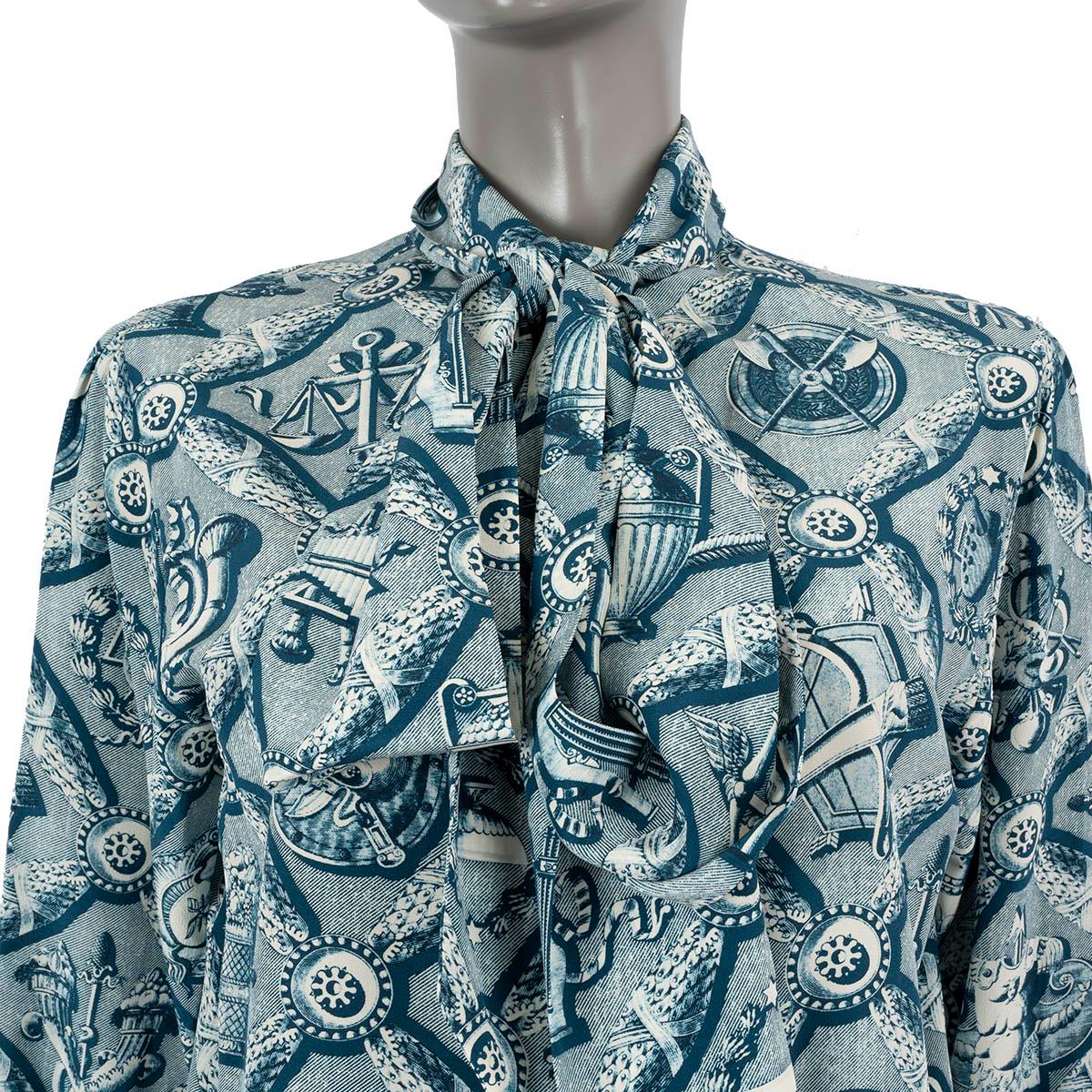 GUCCI petrol blue silk 2016 PRINTED PUSSY BOW Blouse Shirt 40 S For Sale 1