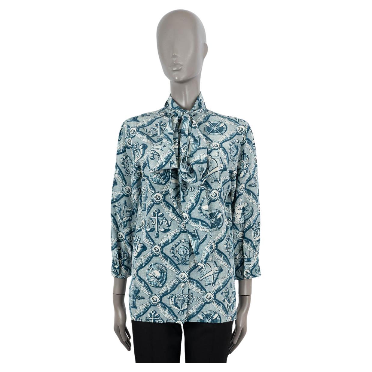 GUCCI petrol blue silk 2016 PRINTED PUSSY BOW Blouse Shirt 40 S For Sale
