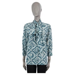 GUCCI petrol blue silk 2016 PRINTED PUSSY BOW Blouse Shirt 40 S