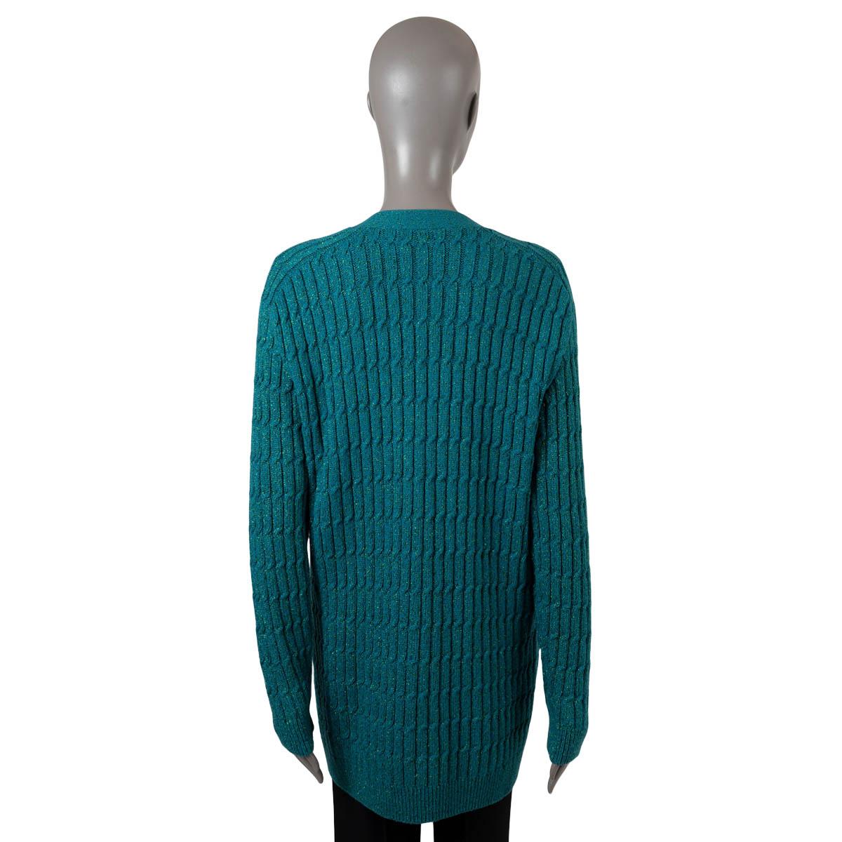 GUCCI petrol blue wool LUREX CABLE KNIT OVERSIZED Cardigan Sweater S In Excellent Condition For Sale In Zürich, CH