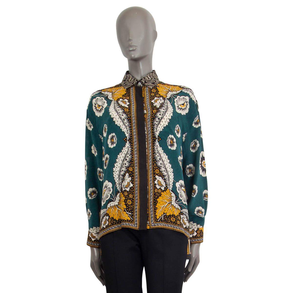 Black VALENTINO petrol yellow brown silk FLORAL 2015 Blouse Shirt 44 L