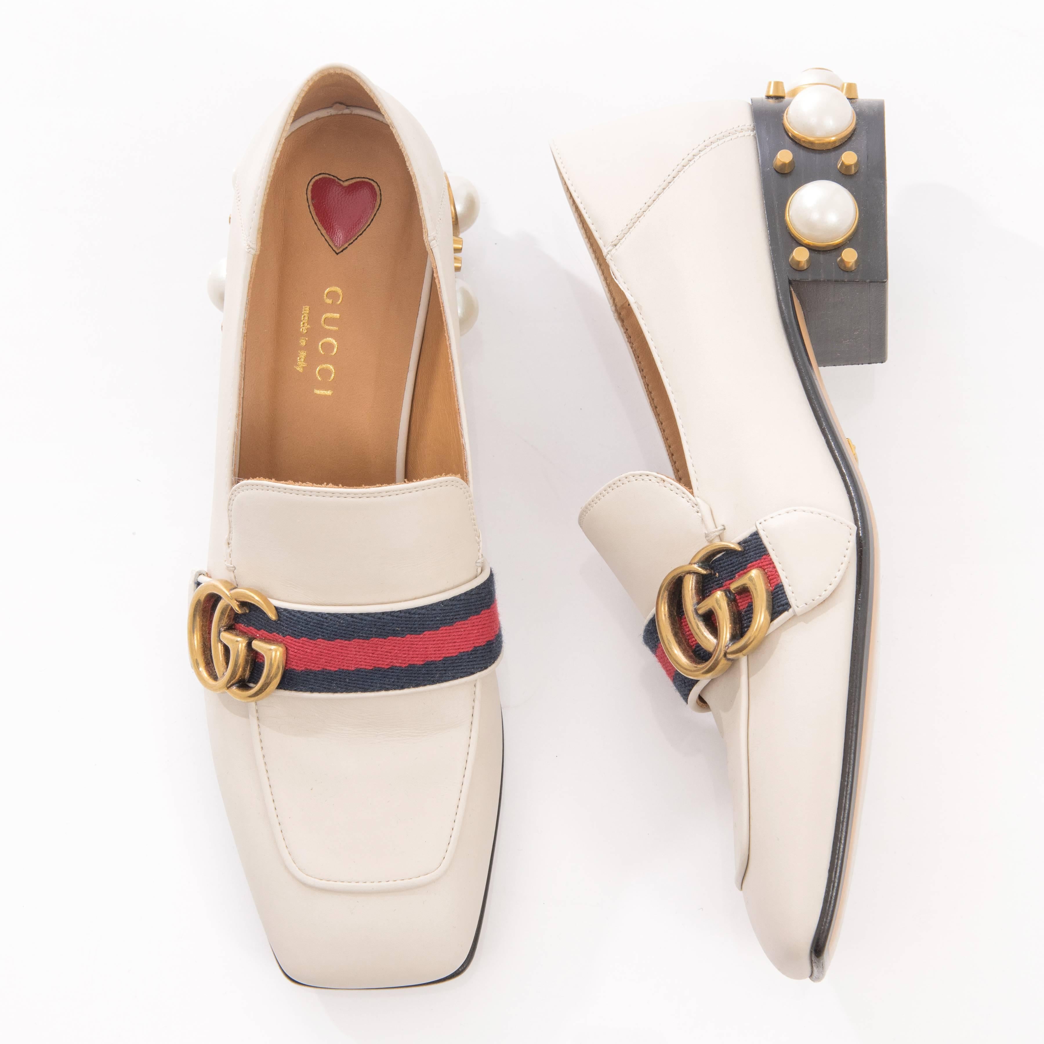Beige Gucci Petyon Ivory Loafer with Web Stripe and Pearl Stud Heel