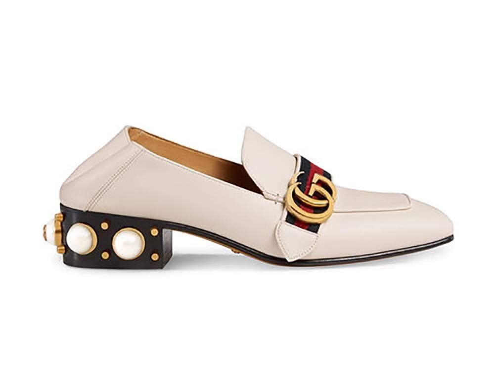 Women's Gucci Petyon Ivory Loafer with Web Stripe and Pearl Stud Heel