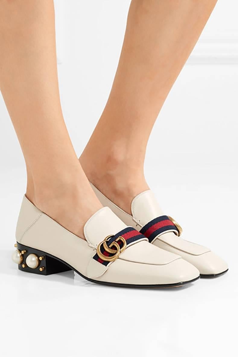 Gucci Petyon Ivory Loafer with Web Stripe and Pearl Stud Heel 1