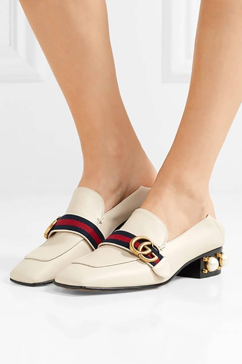 Gucci Petyon Ivory Loafer with Web Stripe and Pearl Stud Heel 2
