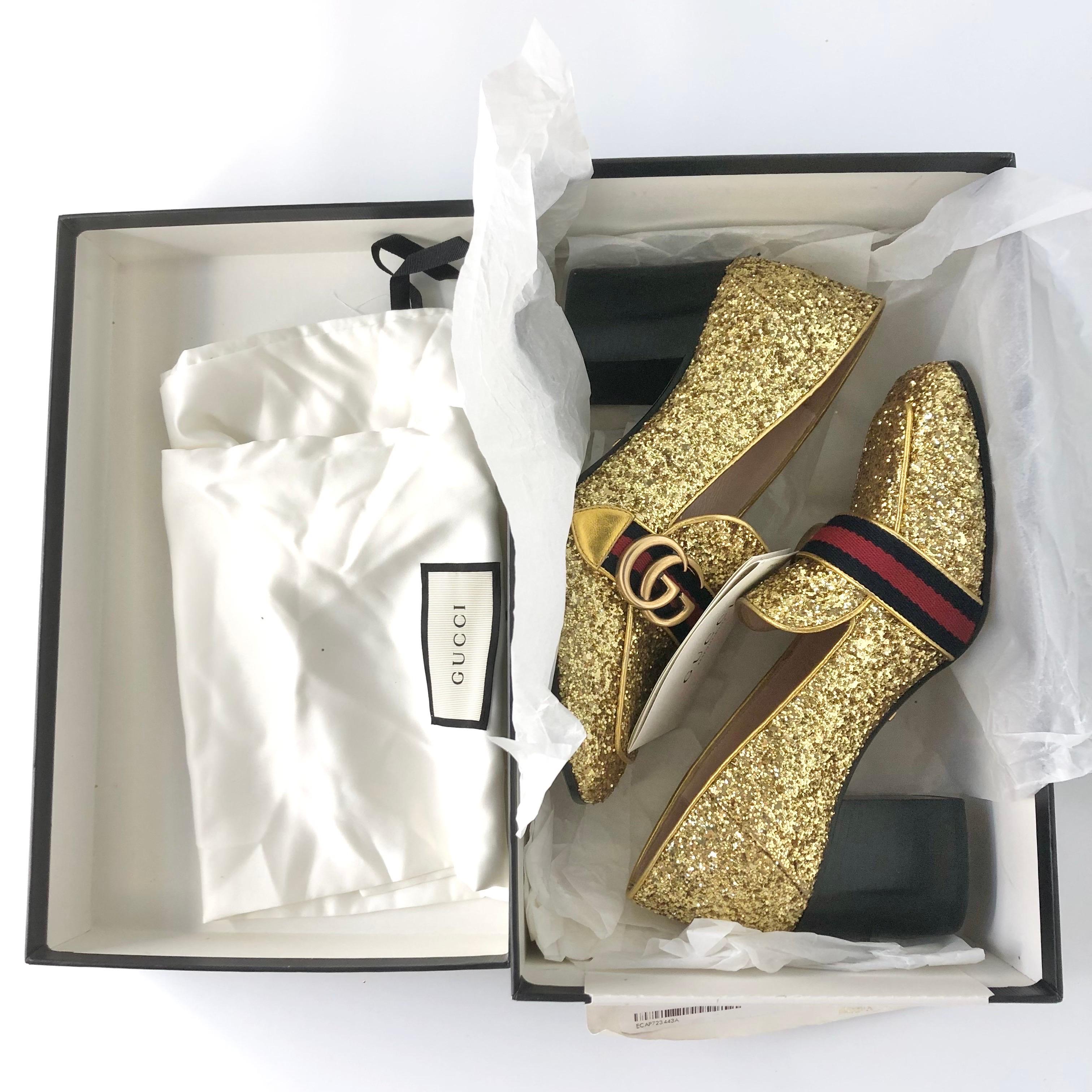 Gucci Peyton Web Stripe Gold Glitter Platform Loafers 37.5 in vendita 5