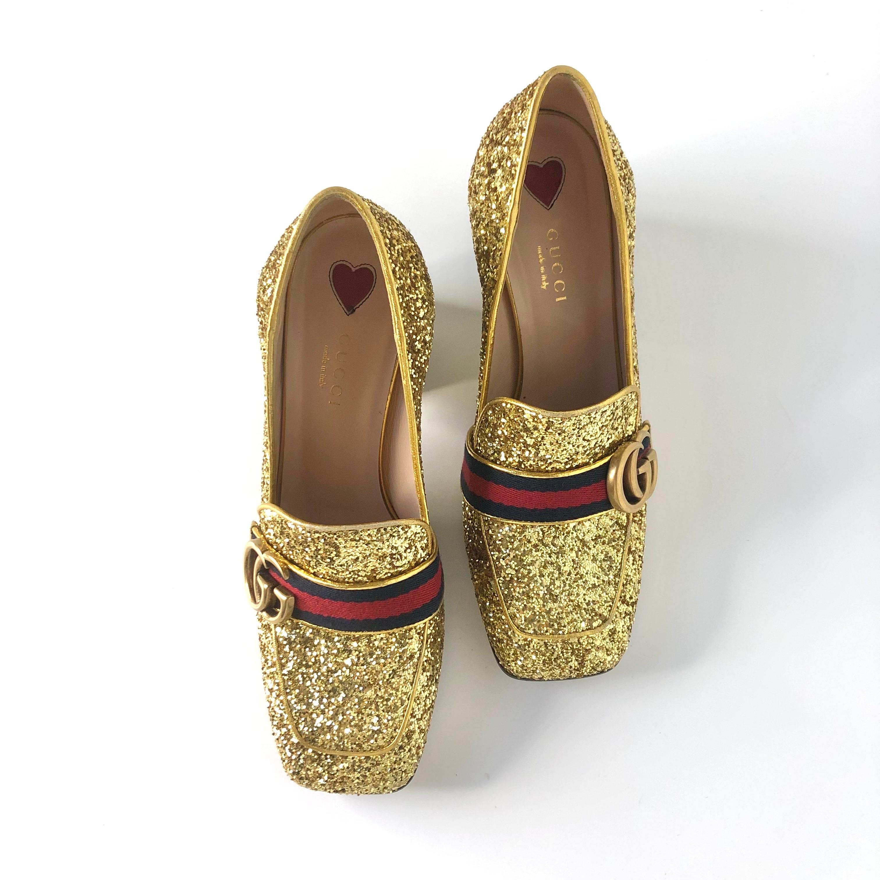 Marrone Gucci Peyton Web Stripe Gold Glitter Platform Loafers 37.5 in vendita