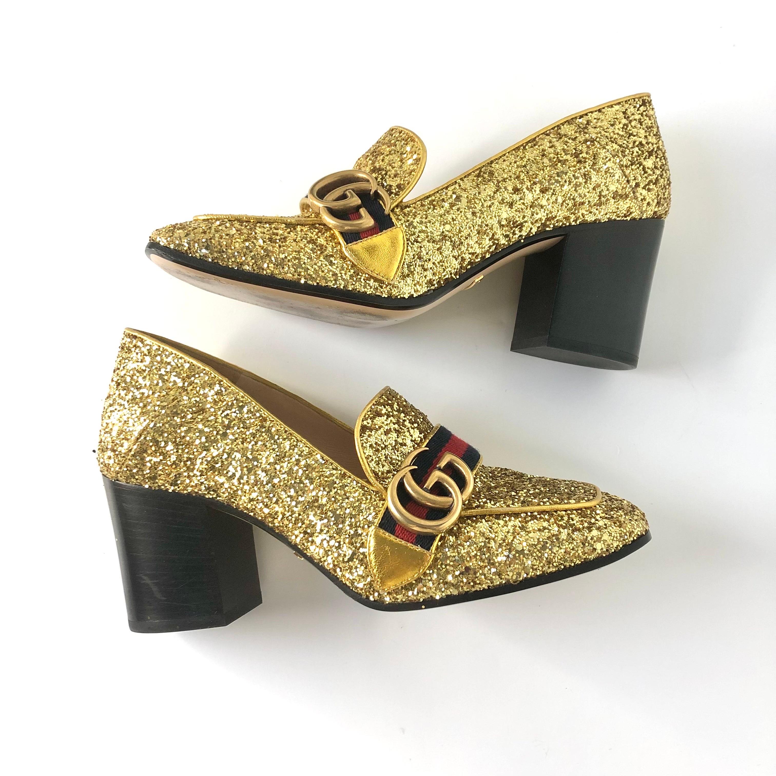 Gucci Peyton Web Stripe Gold Glitter Platform Loafers 37.5 in vendita 1