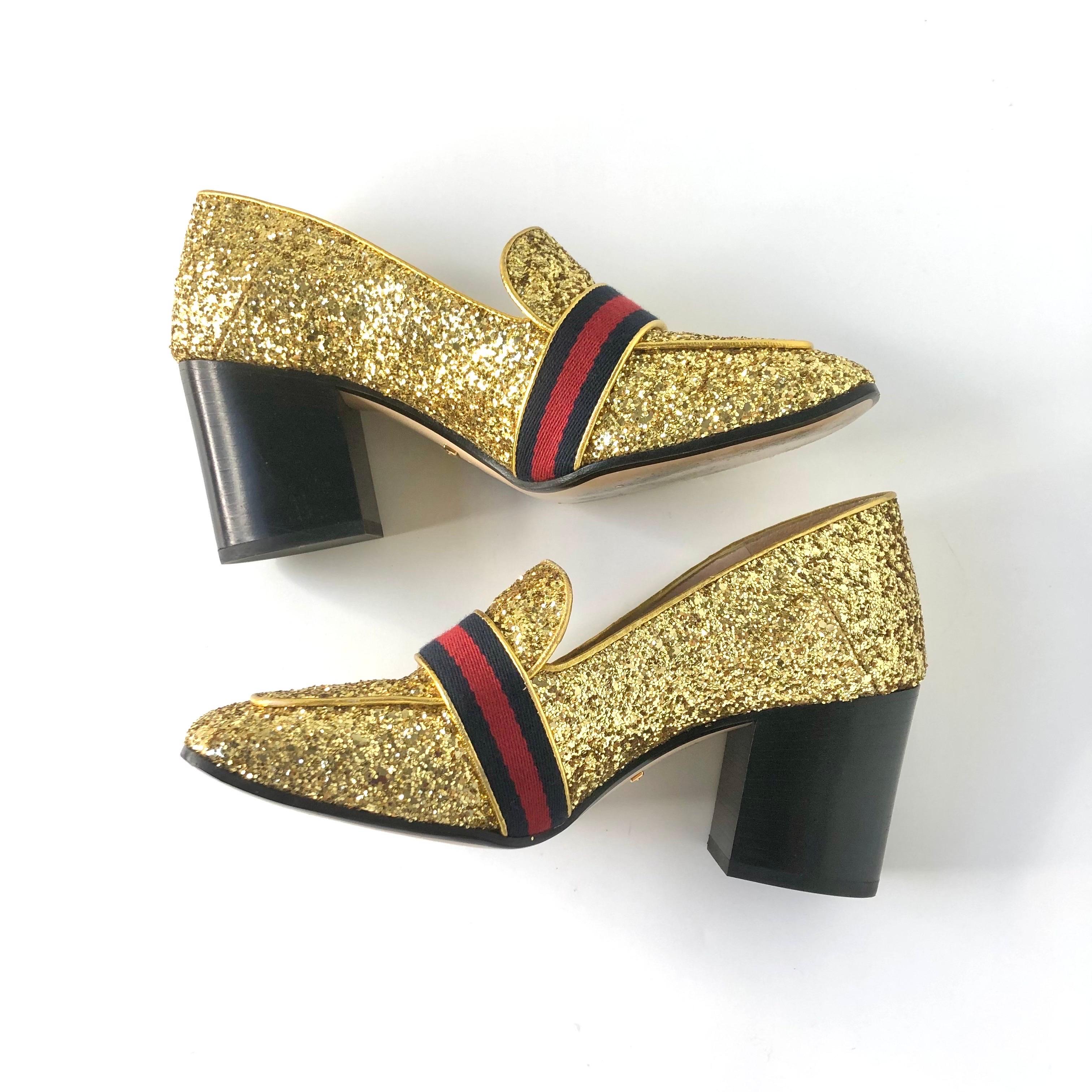Gucci Peyton Web Stripe Gold Glitter Platform Loafers 37.5 in vendita 2