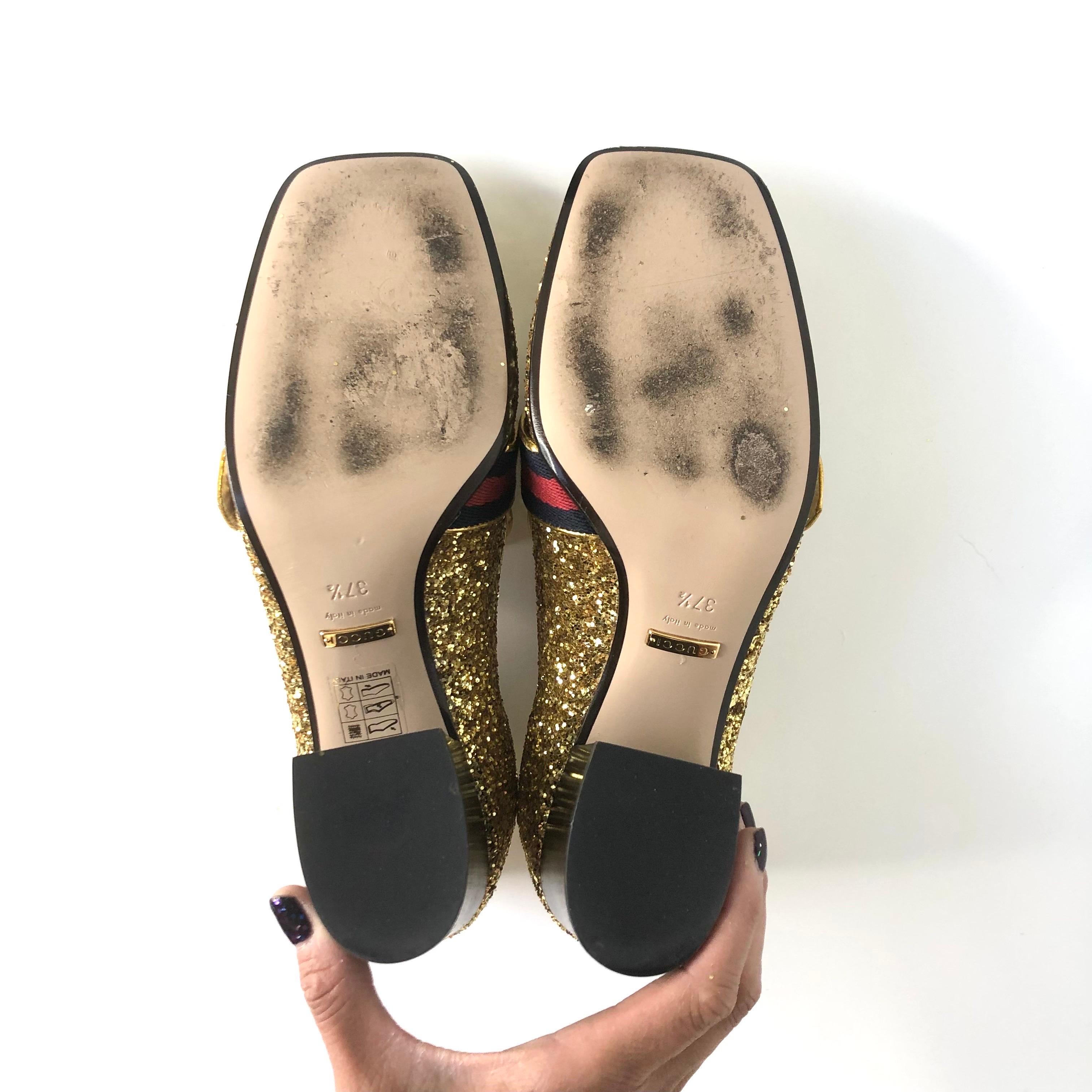 Gucci Peyton Web Stripe Gold Glitter Platform Loafers 37.5 in vendita 3