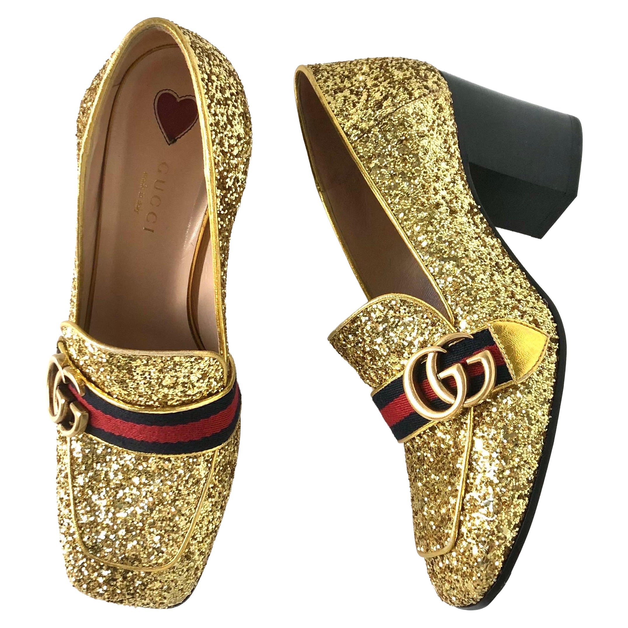 Gucci Peyton Web Stripe Gold Glitter Platform Loafers 37.5 in vendita