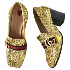 Gucci Peyton Web Stripe Gold Glitter Platform Loafers 37.5