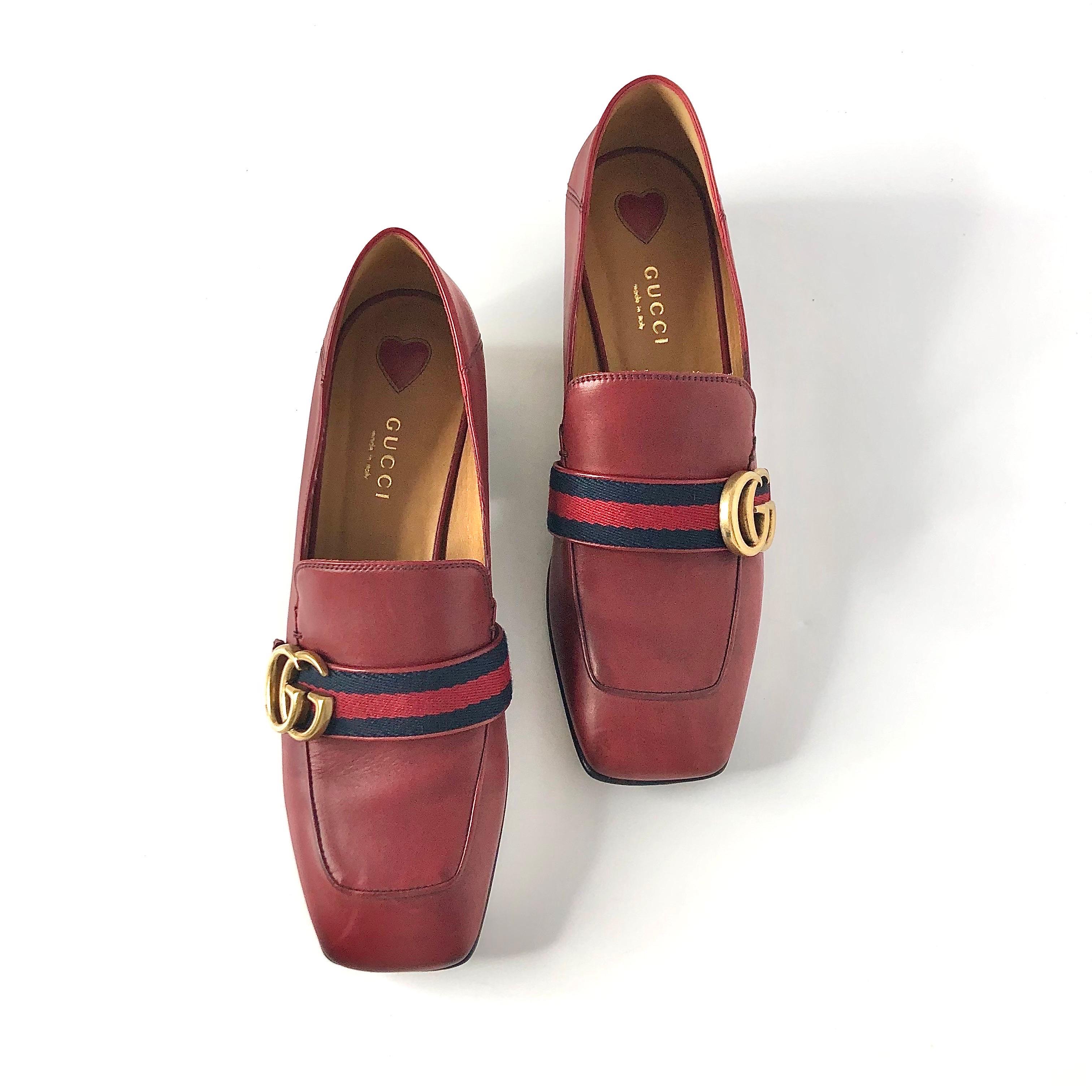 Marrone Gucci Peyton Web Stripe Hibiscus Red GG Platform Loafers 37 in vendita