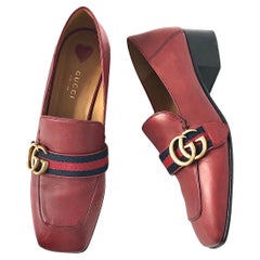 Gucci Peyton Web Stripe Hibiscus Red GG Platform Loafers 37