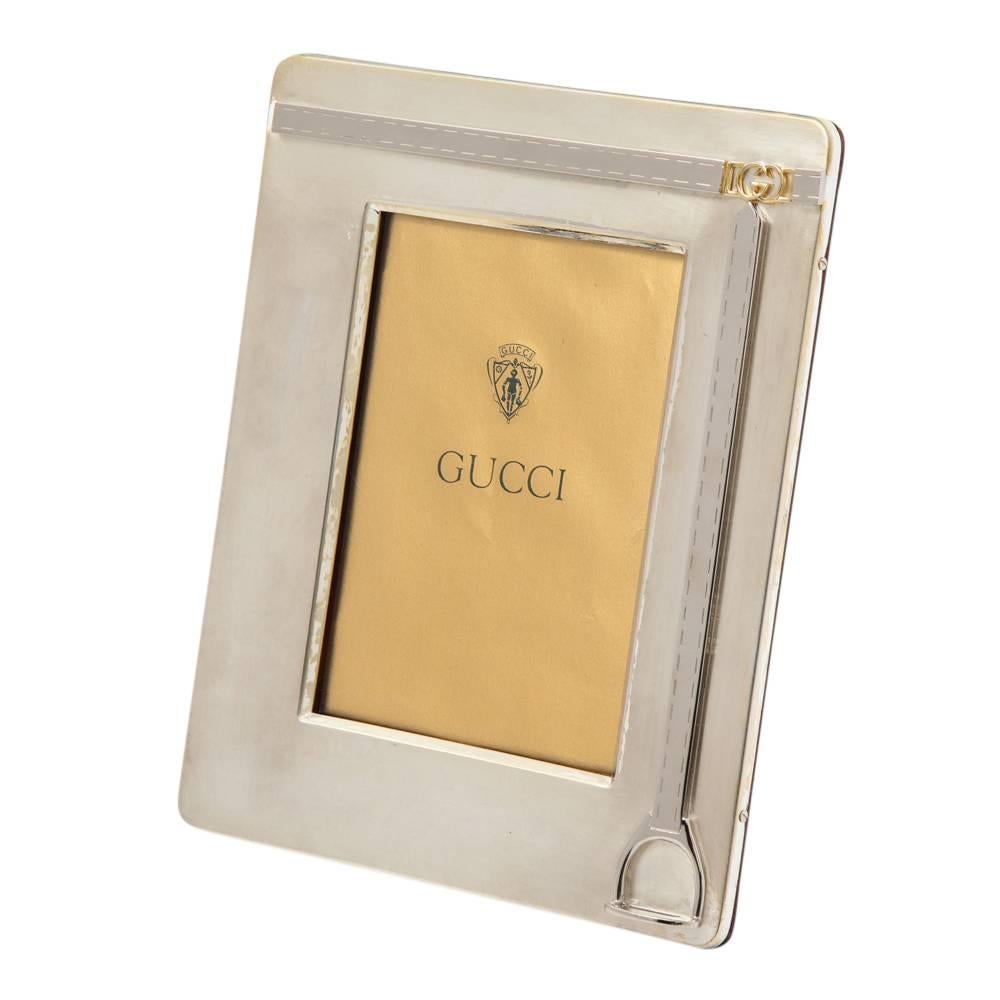Mid-Century Modern Gucci Stirrup Picture Frame, Silver Plate and Brass, Signed