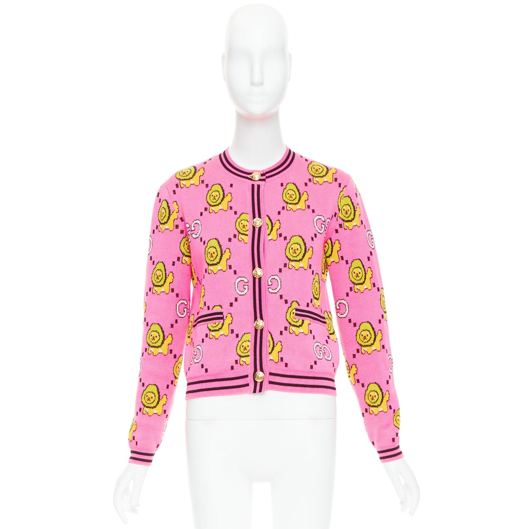 GUCCI PIKARAR pink yellow cotton Kawaii Lion GG monogram cropped cardigan XXS in vendita 5