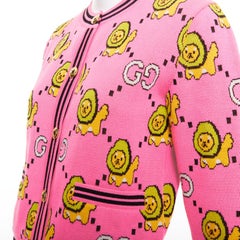 GUCCI PIKARAR pink yellow cotton Kawaii Lion GG monogram cropped cardigan XXS