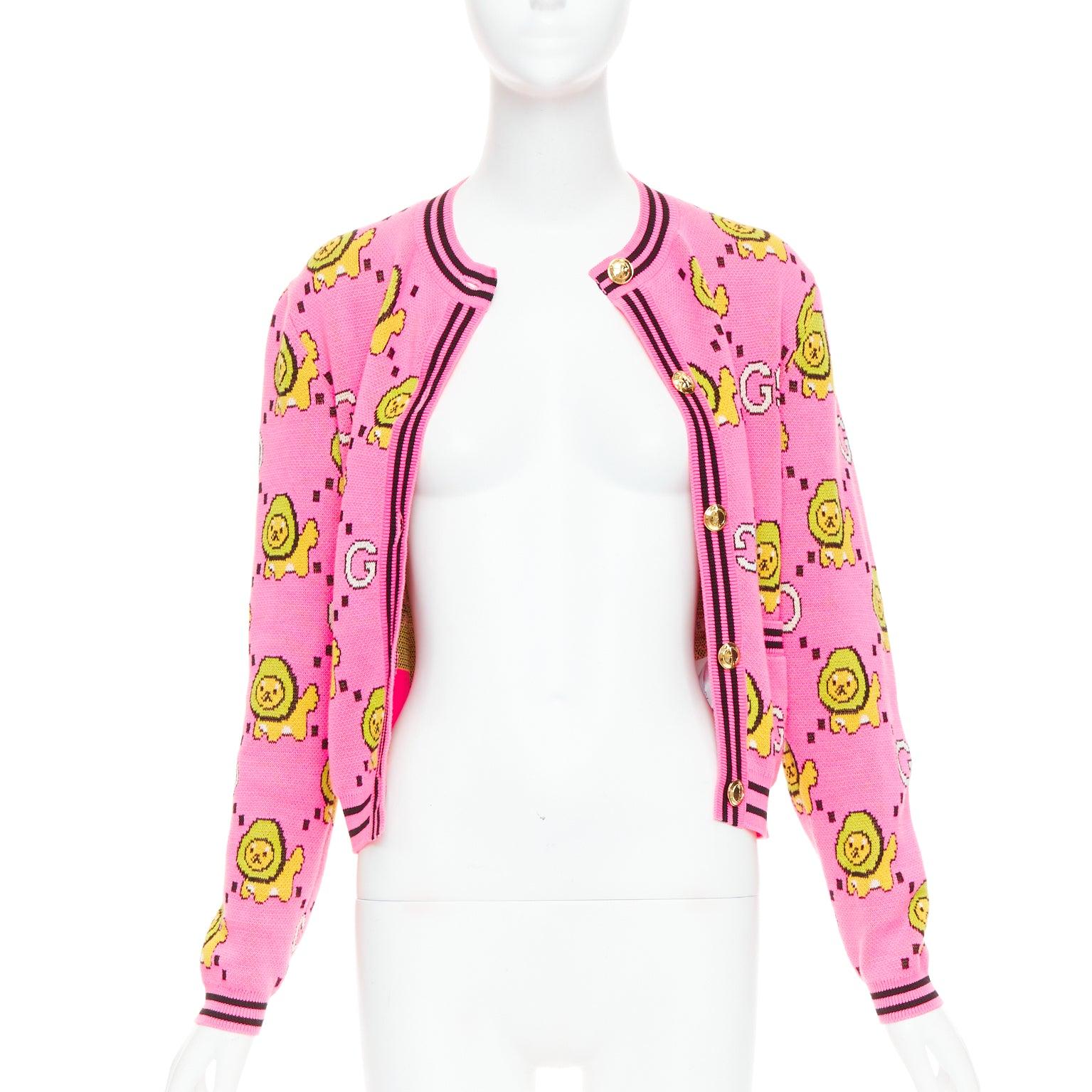 Rosa GUCCI PIKARAR pink yellow cotton Kawaii Lion GG monogram cropped cardigan XXS in vendita