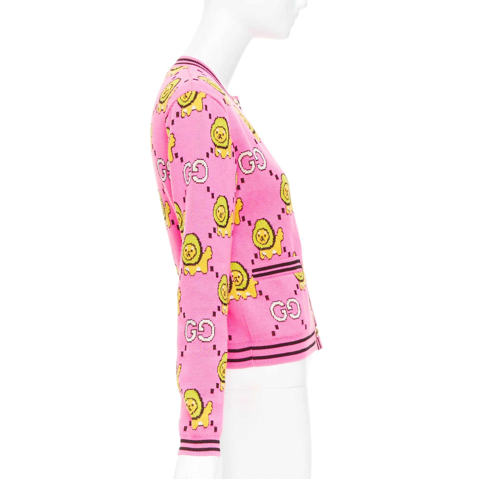 Donna GUCCI PIKARAR pink yellow cotton Kawaii Lion GG monogram cropped cardigan XXS in vendita