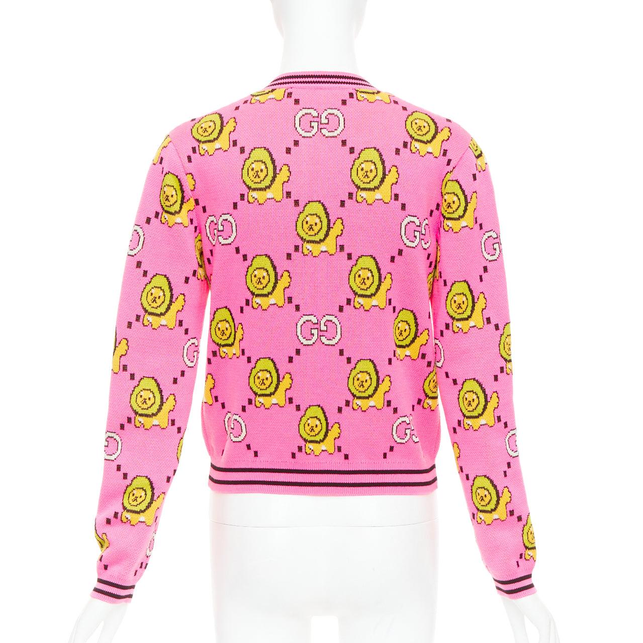 GUCCI PIKARAR pink yellow cotton Kawaii Lion GG monogram cropped cardigan XXS in vendita 1