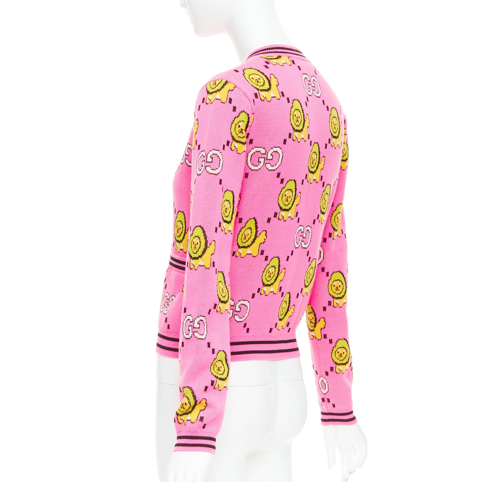 GUCCI PIKARAR pink yellow cotton Kawaii Lion GG monogram cropped cardigan XXS in vendita 2