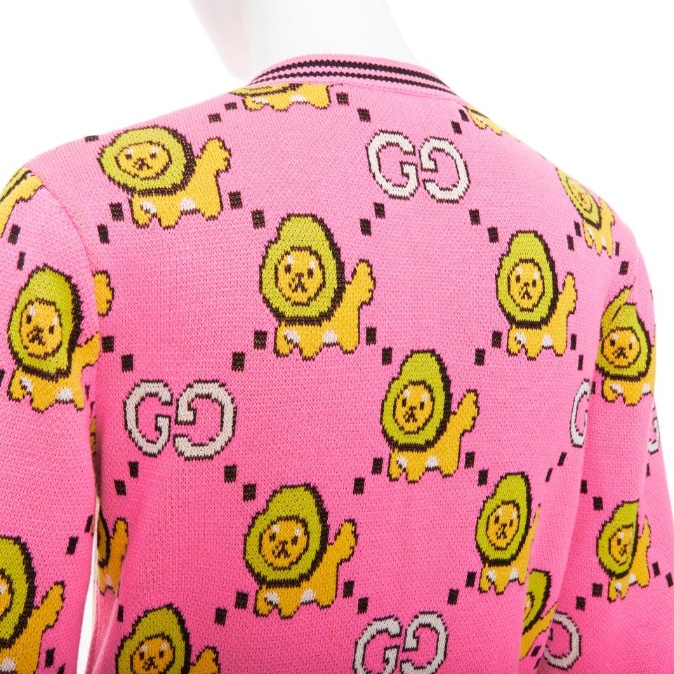 GUCCI PIKARAR pink yellow cotton Kawaii Lion GG monogram cropped cardigan XXS in vendita 3