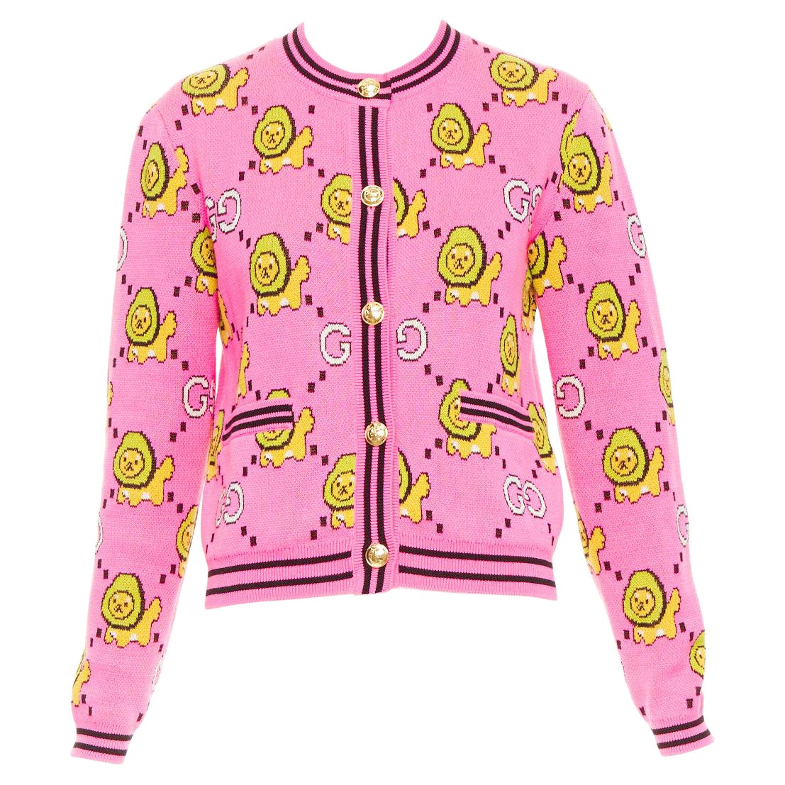 GUCCI PIKARAR pink yellow cotton Kawaii Lion GG monogram cropped cardigan XXS For Sale
