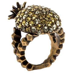 Gucci Pineapple Motif Multi Color Crystal Studded Gold Tone Ring Size 54