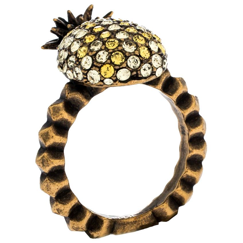 Gucci Pineapple Motif Multi Color Crystal Studded Gold Tone Ring Size 57