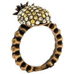 Gucci Pineapple Motif Multi Color Crystal Studded Gold Tone Ring Size 57