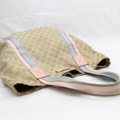 Gucci Pink and Blue Sherry Monogram Web 868946 Beige Canvas Tote