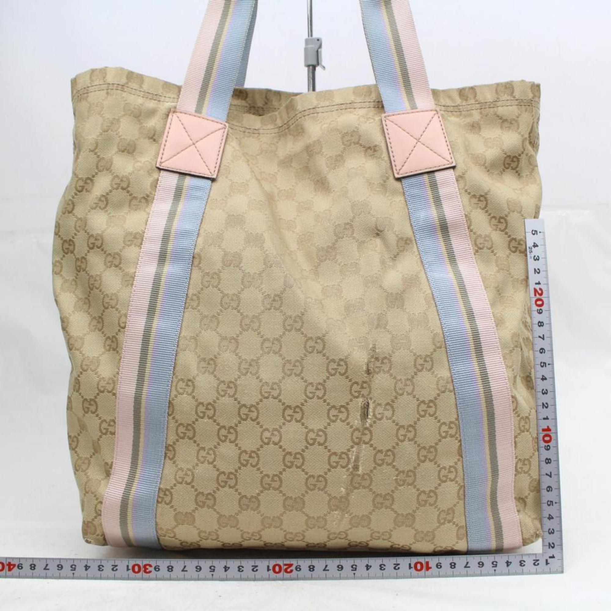 Gucci Pink and Blue Sherry Monogram Web 868946 Beige Canvas Tote For Sale 1