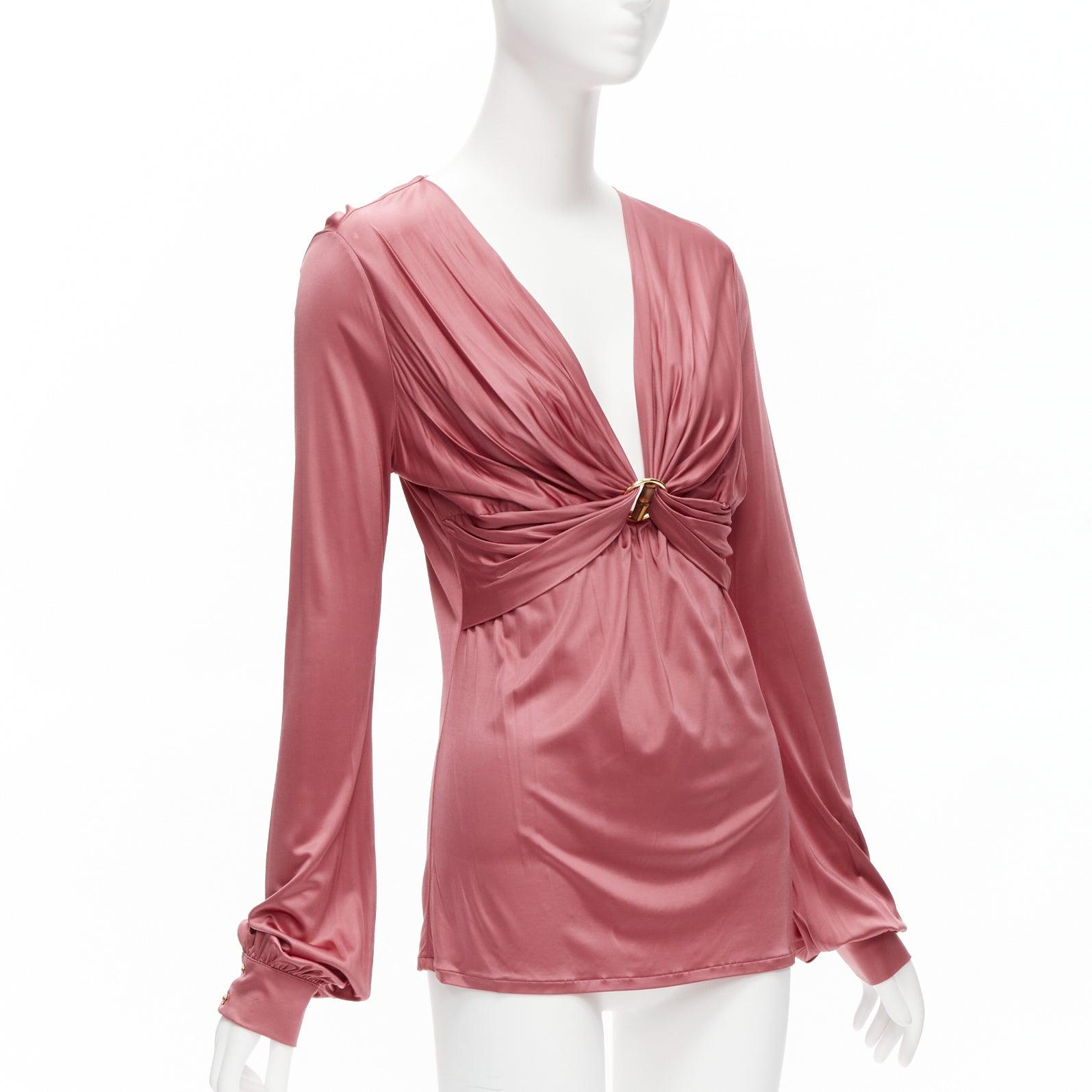 Pink GUCCI pink bamboo buckle silky deep V billow sleeve blouse IT44 L For Sale
