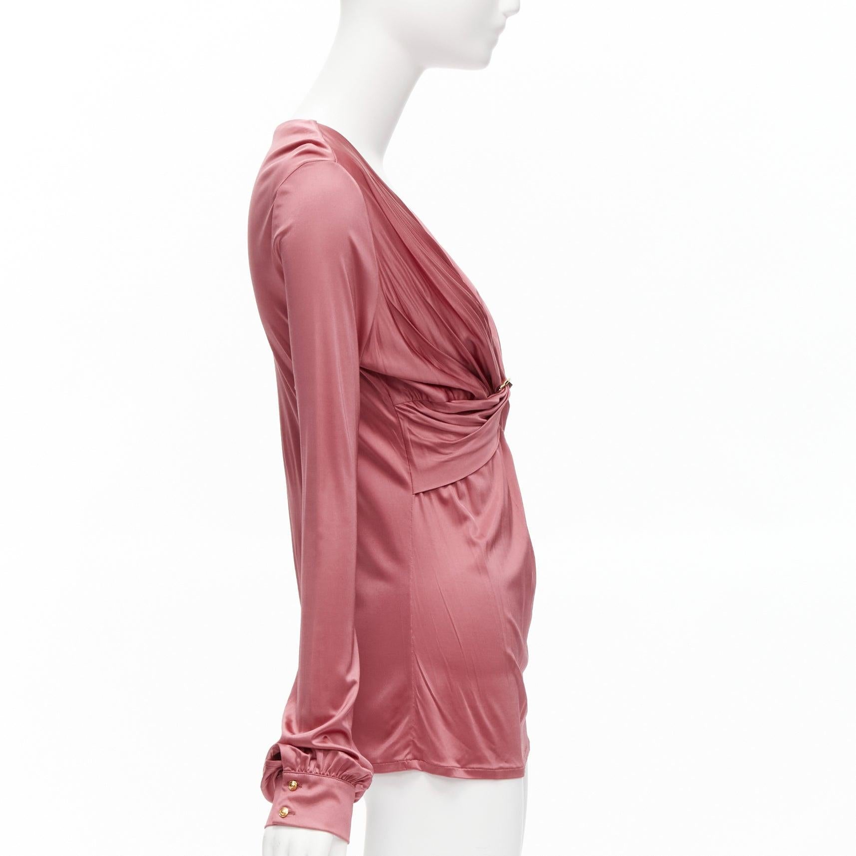 GUCCI pink bamboo buckle silky deep V billow sleeve blouse IT44 L In Good Condition For Sale In Hong Kong, NT