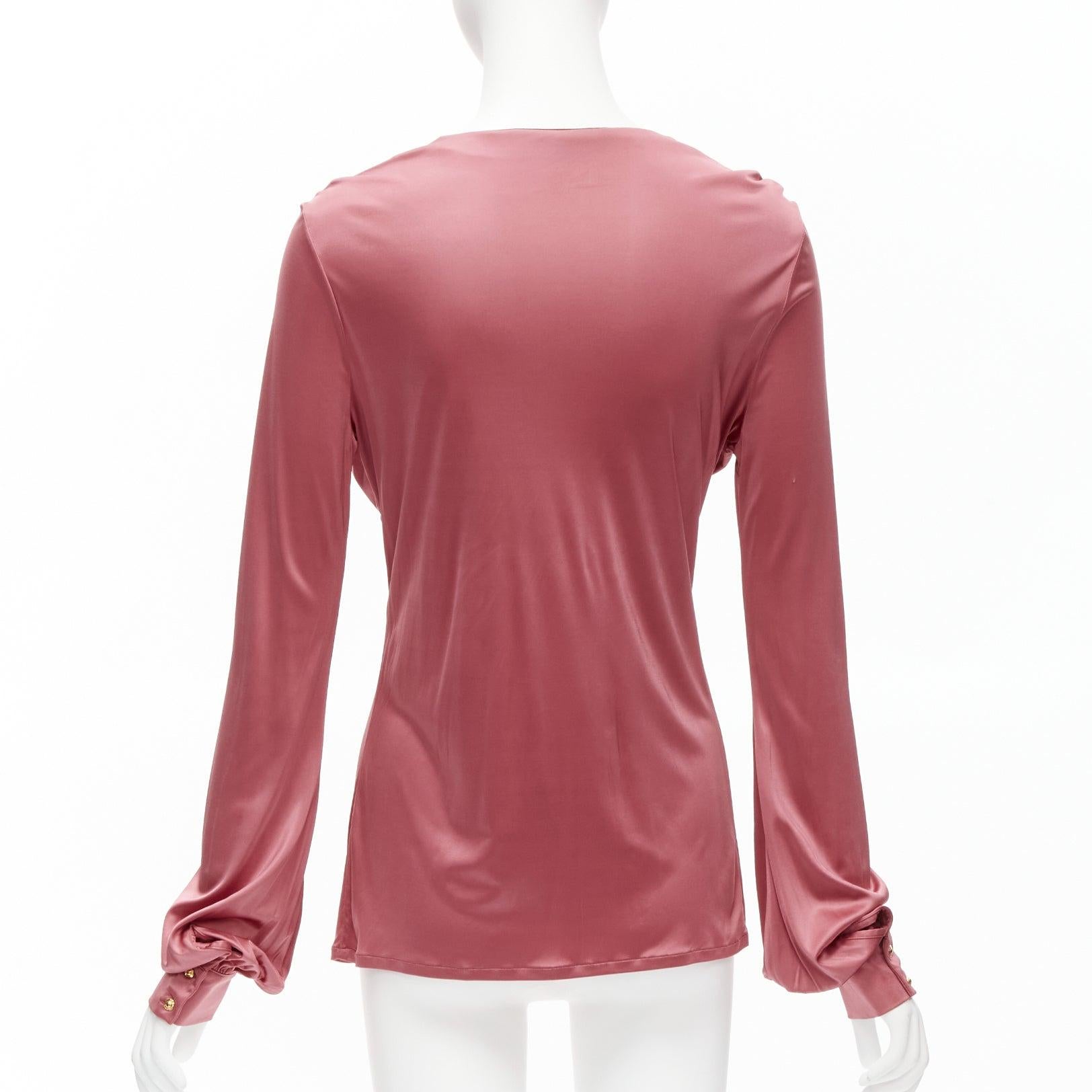 Women's GUCCI pink bamboo buckle silky deep V billow sleeve blouse IT44 L For Sale