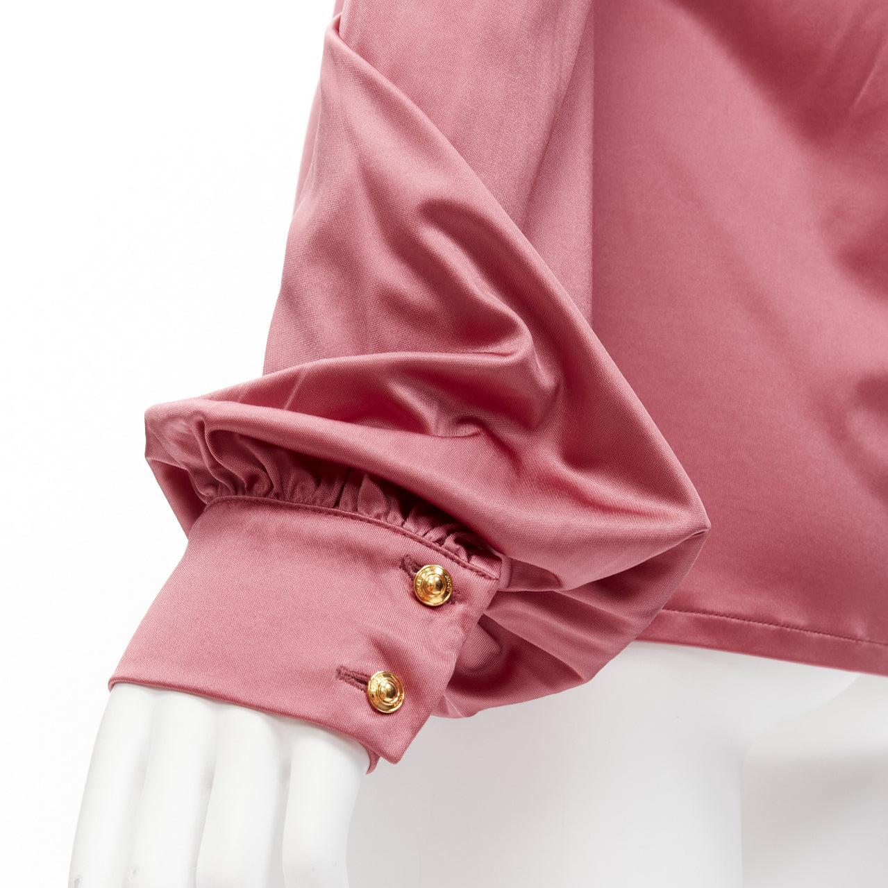 GUCCI pink bamboo buckle silky deep V billow sleeve blouse IT44 L For Sale 2