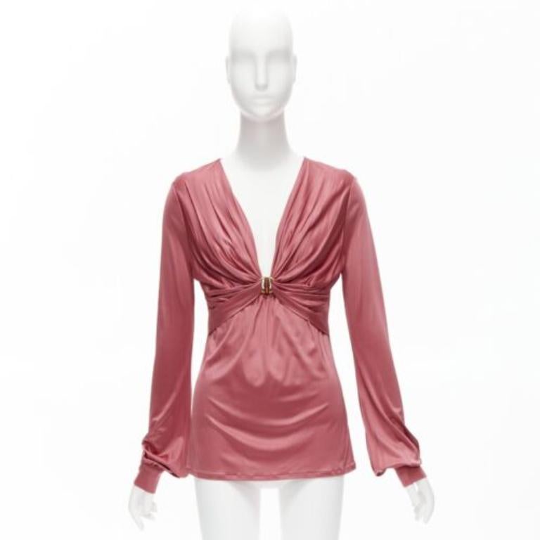 GUCCI pink bamboo buckle silky deep V billow sleeve blouse IT44 L For Sale 4