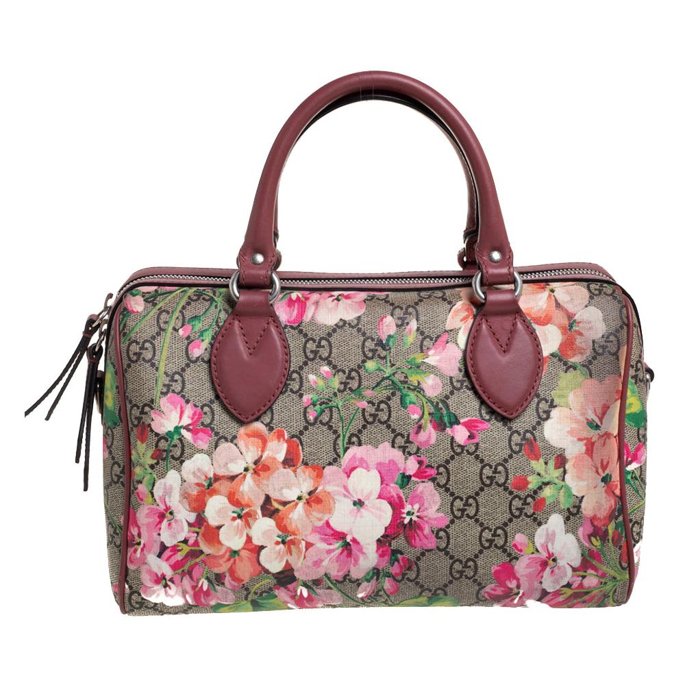 Gucci Pink/Beige GG Blooms Supreme Canvas and Leather Boston Bag