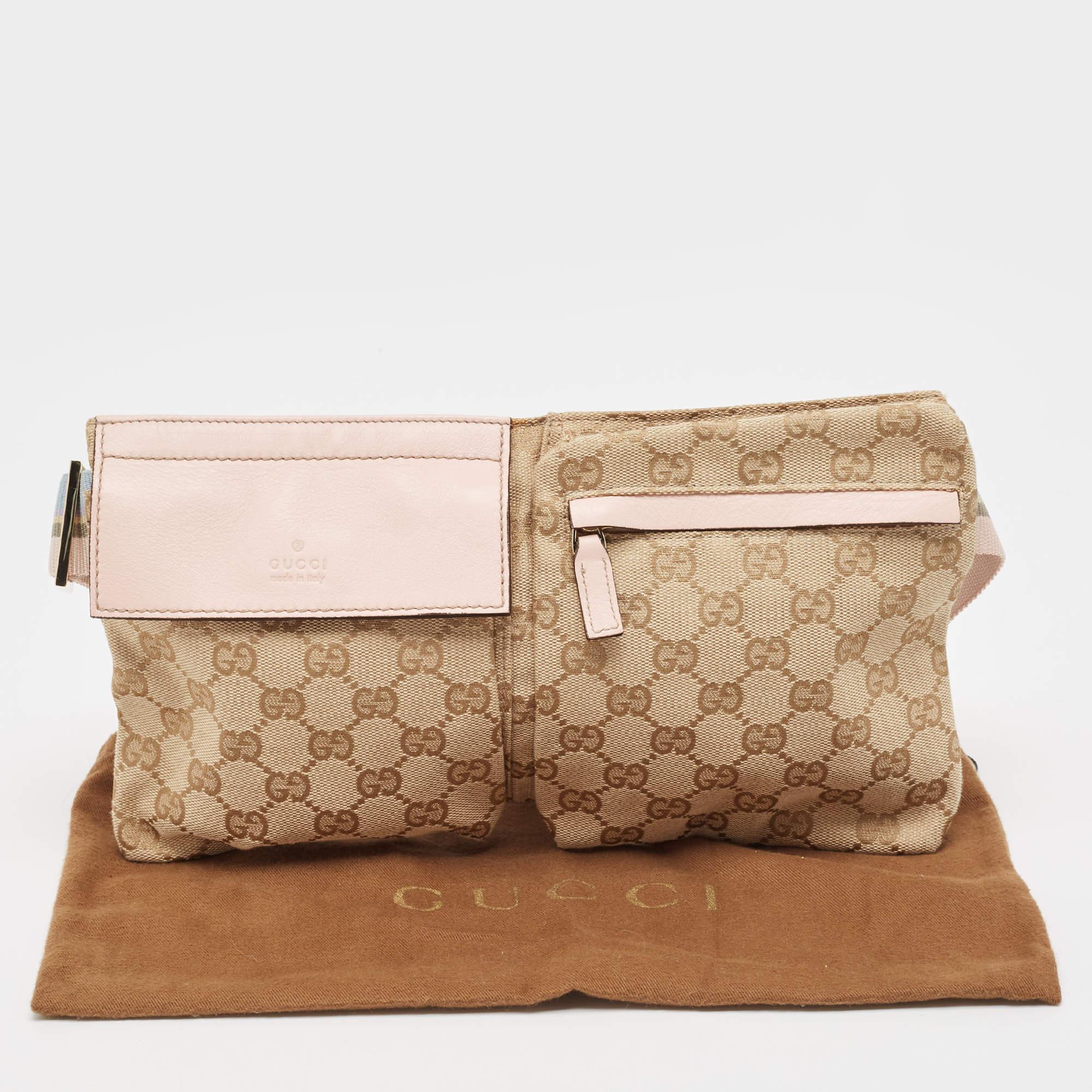 Gucci Pink/Beige GG Canvas and Leather Double Pocket Belt Bag For Sale 9
