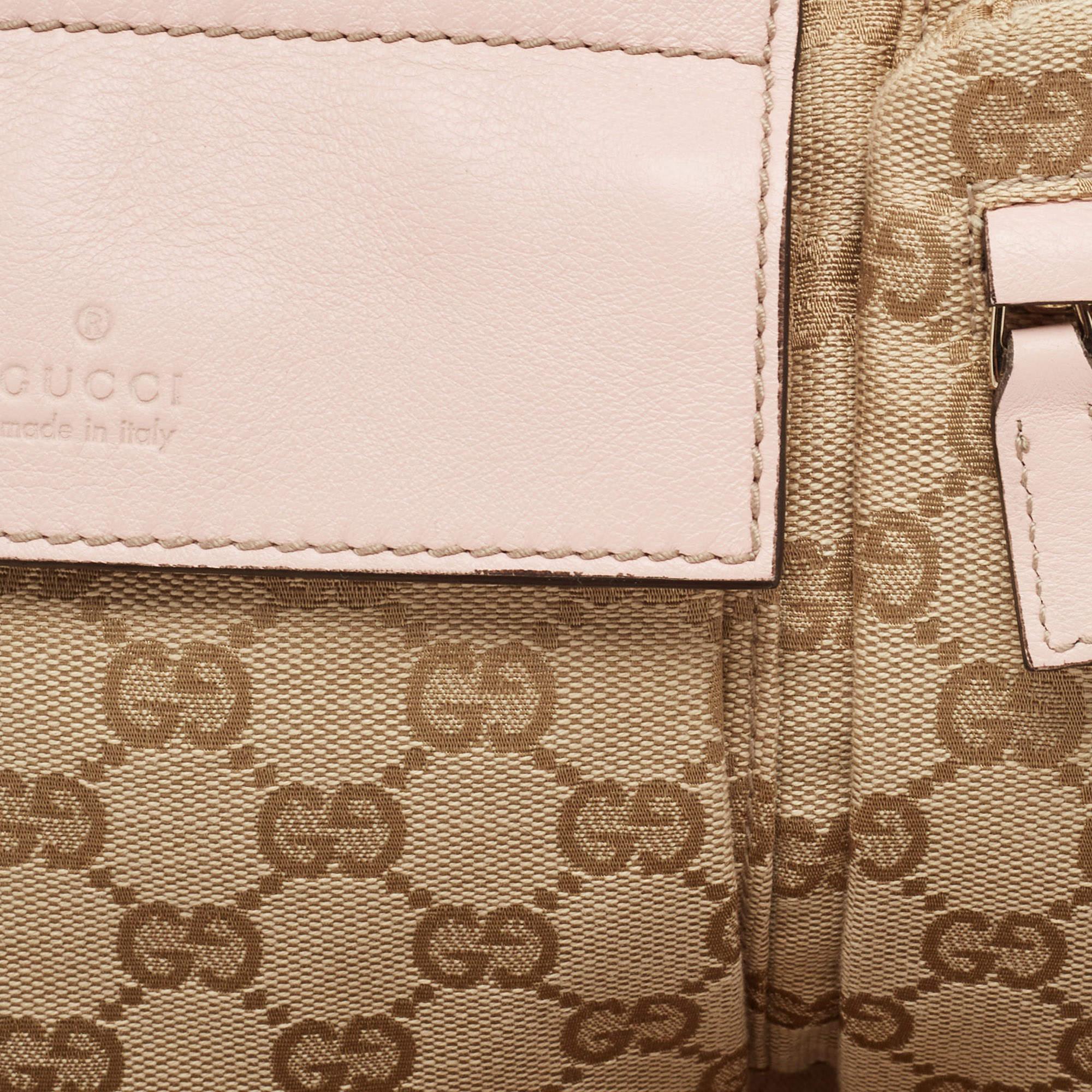 Gucci Pink/Beige GG Canvas and Leather Double Pocket Belt Bag For Sale 2