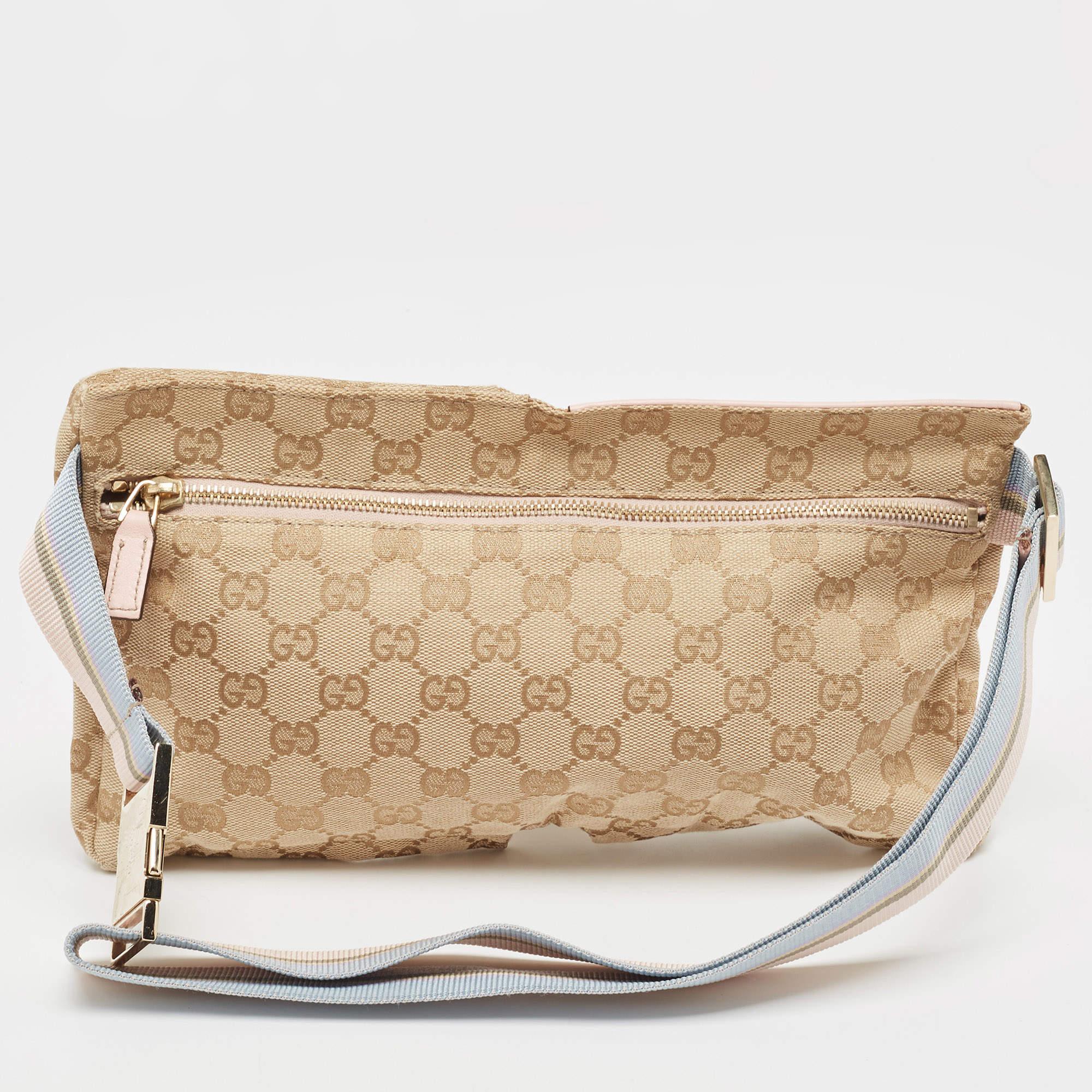 Gucci Pink/Beige GG Canvas and Leather Double Pocket Belt Bag For Sale 4