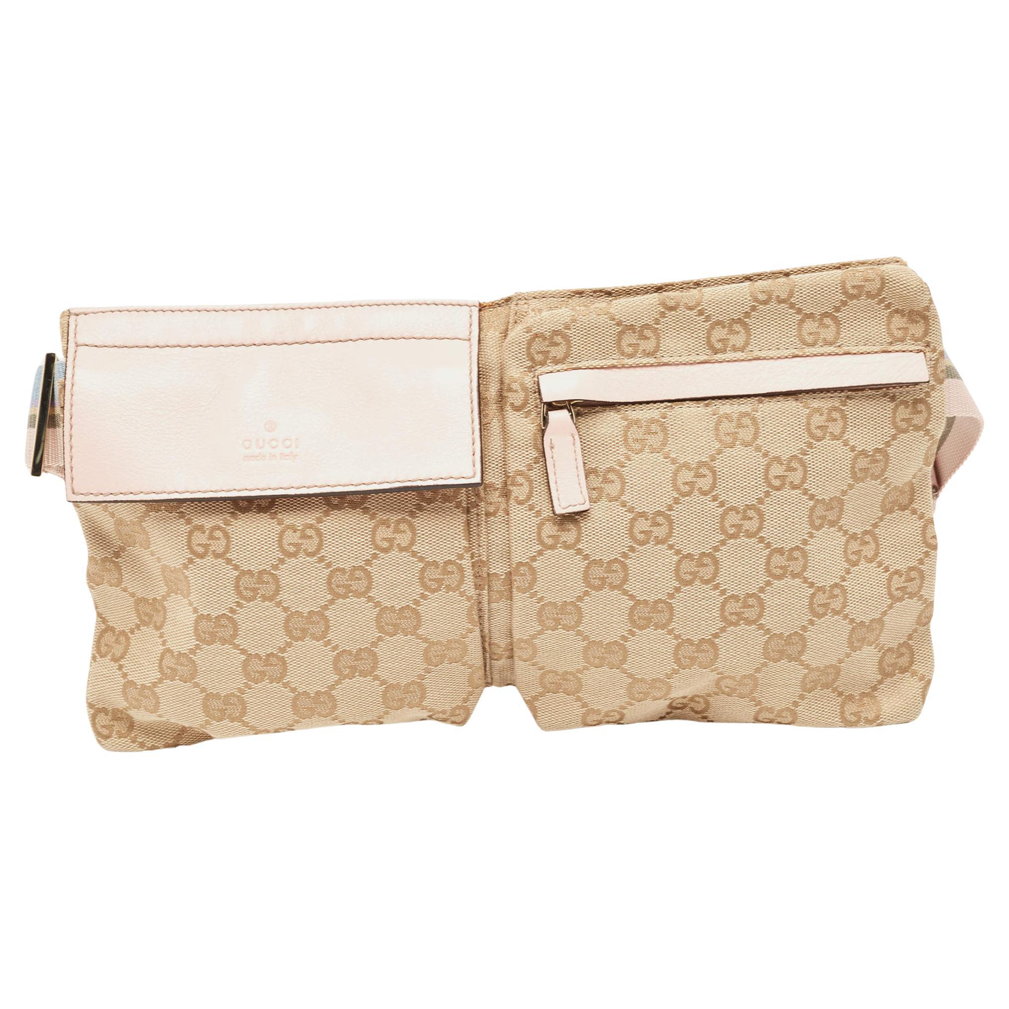 Gucci Pink/Beige GG Canvas and Leather Double Pocket Belt Bag For Sale
