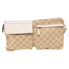 Gucci Pink/Beige GG Canvas and Leather Double Pocket Belt Bag