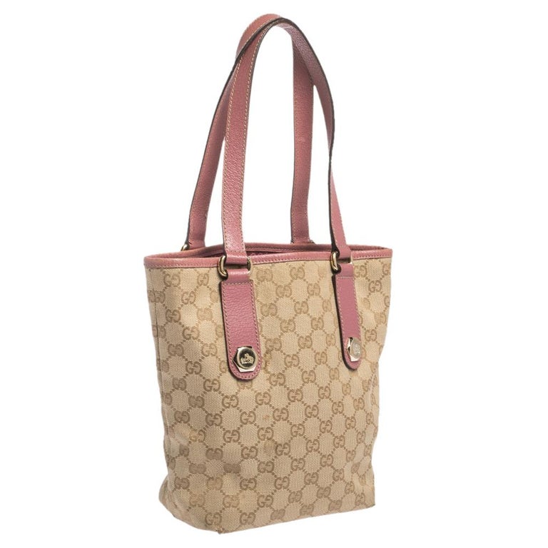 GUCCI GG Tote Bag 153361 Hand Bag Shoulder Canvas Leather Beige Pink Gold
