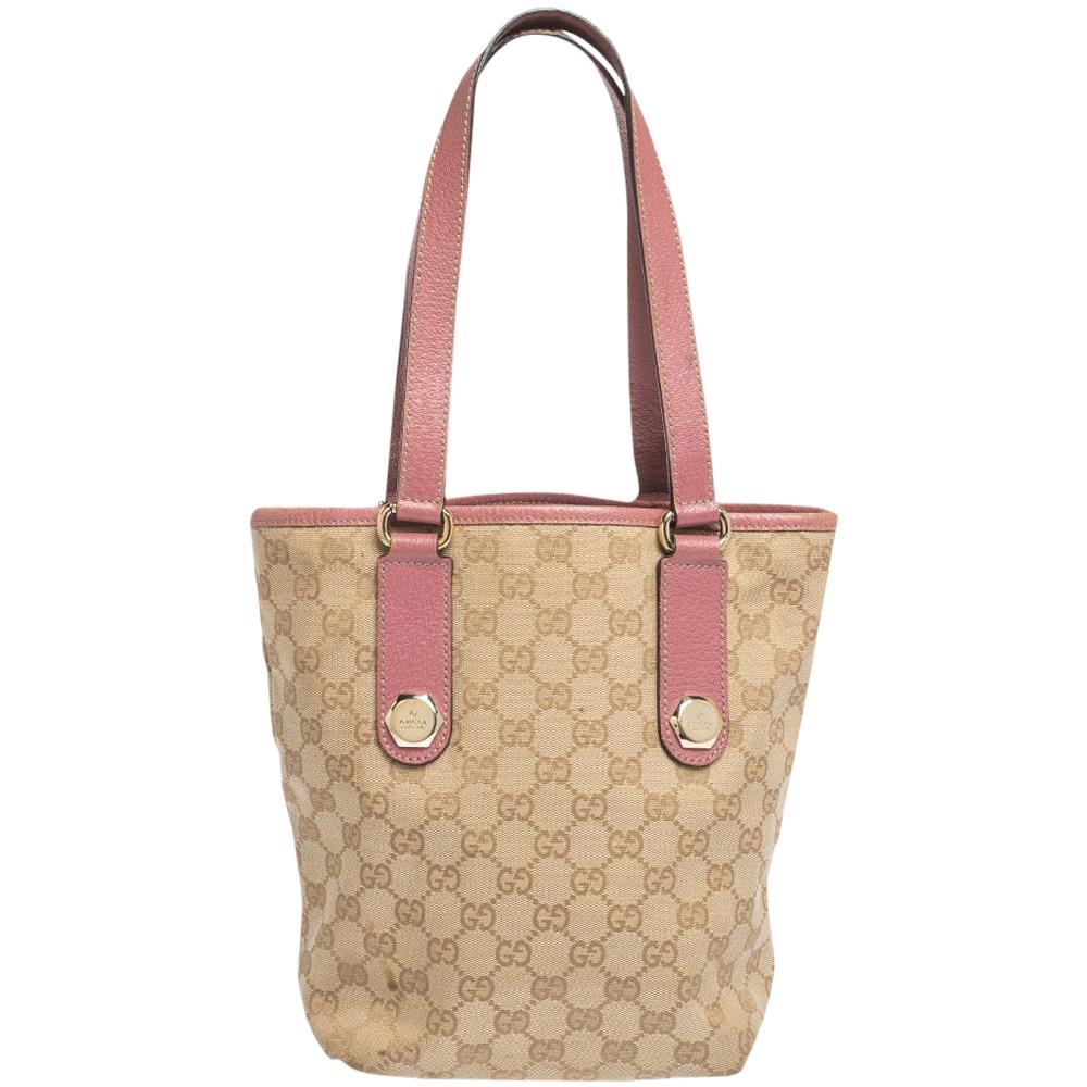 Gucci Pink/Beige GG Canvas and Leather Small Vintage Open Tote at