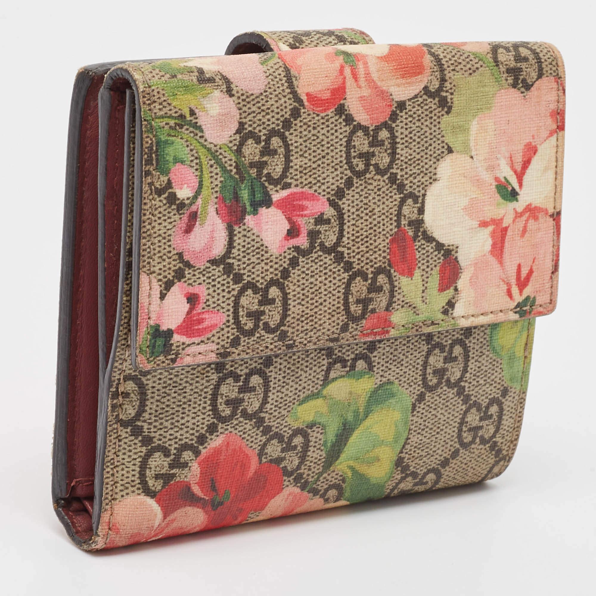Gucci Pink/Beige GG Supreme Blooms Canvas French Flap Wallet 1