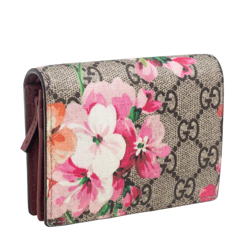 Gucci Pink/Beige GG Supreme Canvas and Leather Blooms Card Case Wallet