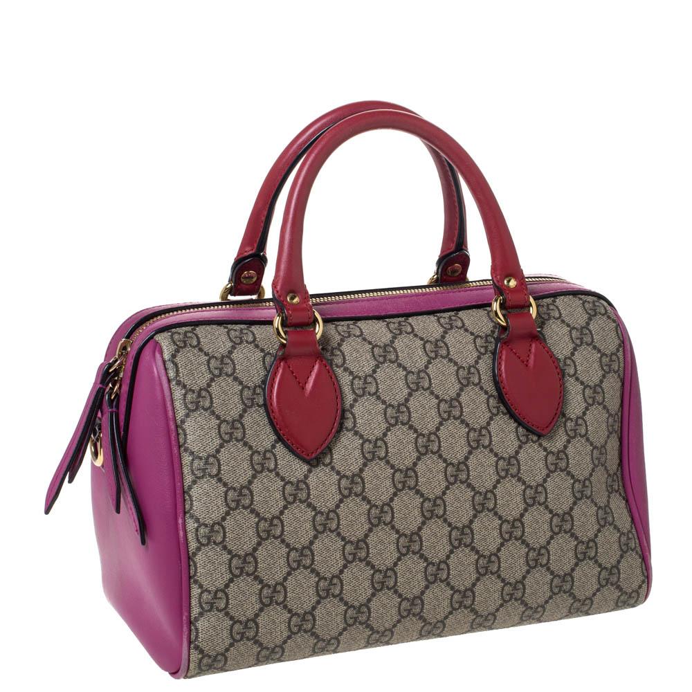 Gucci Pink/Beige GG Supreme Canvas and Leather Boston Bag In Fair Condition In Dubai, Al Qouz 2